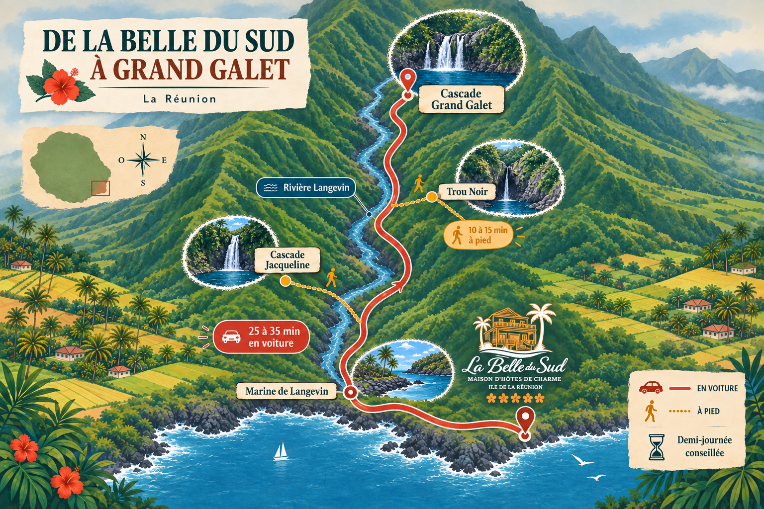 Carte de l’itinéraire entre La Belle du Sud et la Cascade Grand Galet par la vallée de Langevin