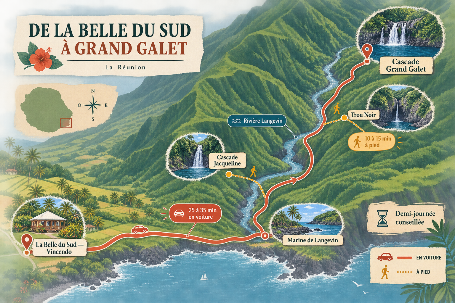 Map of the route from La Belle du Sud to Grand Galet Waterfall through the Langevin Valley